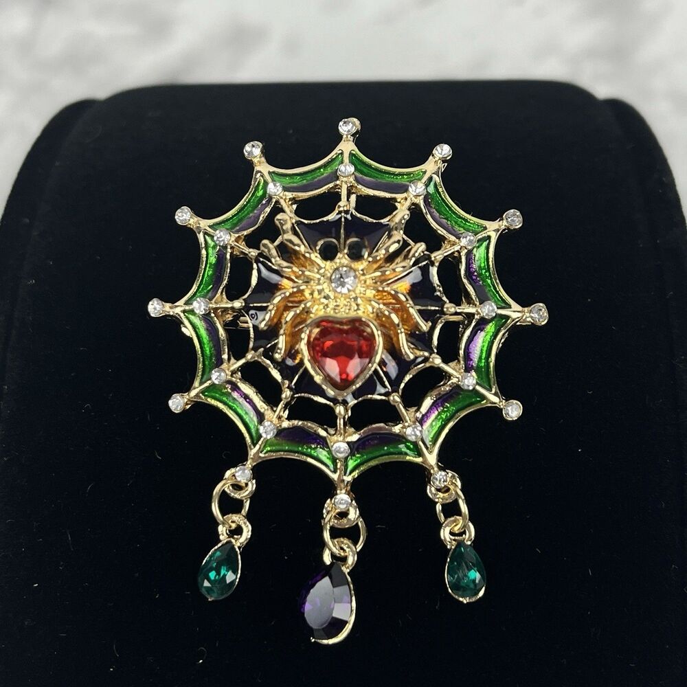 Enamel Rhinestone Spider Web Brooch Pin Glass Dangles Halloween Gothic